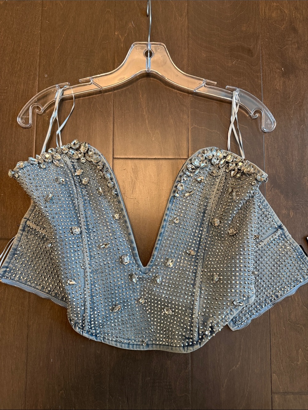 AKIRA Silver Rhinestone-Embellished Denim V-Neck Crop Top